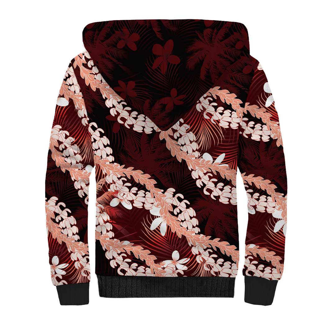 Puakenikeni Maile Lei Sherpa Hoodie Frangipani Red Tropical Leaves LT01 - Polynesian Pride