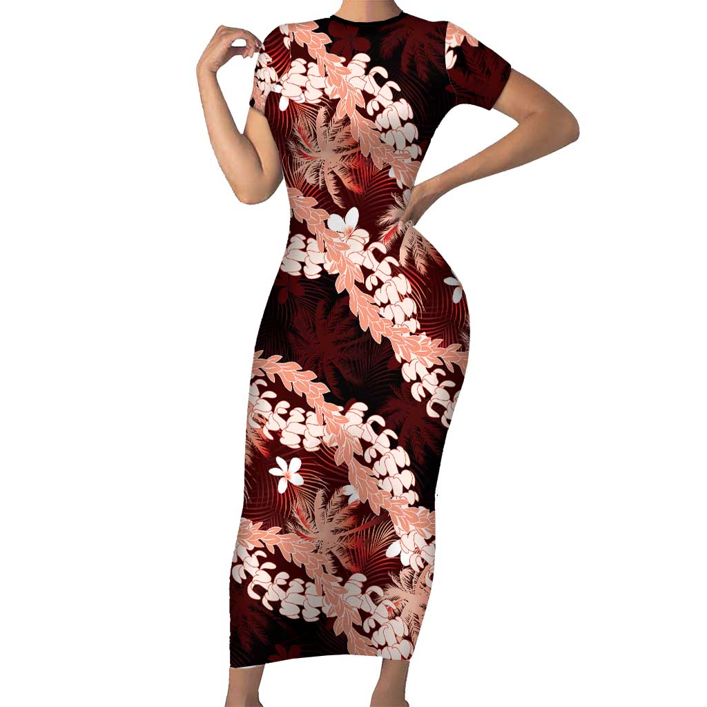 Puakenikeni Maile Lei Short Sleeve Bodycon Dress Frangipani Red Tropical Leaves LT01 Long Dress Red - Polynesian Pride