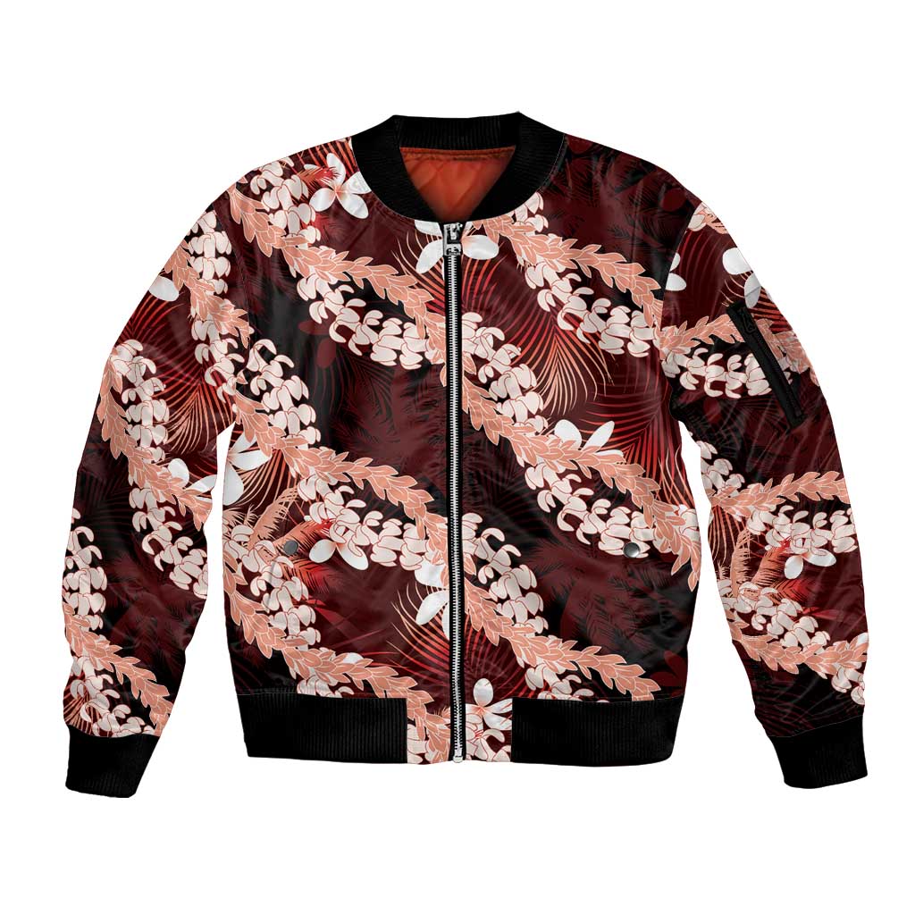 Puakenikeni Maile Lei Sleeve Zip Bomber Jacket Frangipani Red Tropical Leaves