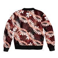 Puakenikeni Maile Lei Sleeve Zip Bomber Jacket Frangipani Red Tropical Leaves