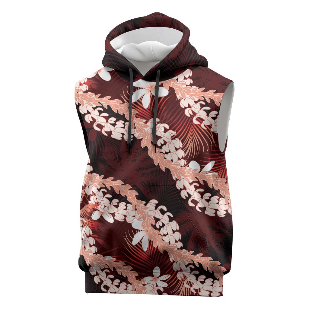 Puakenikeni Maile Lei Sleeveless Hoodie Frangipani Red Tropical Leaves LT01 Red - Polynesian Pride
