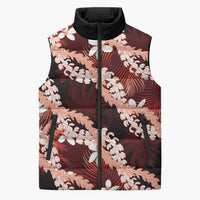 Puakenikeni Maile Lei Sleeveless Puffer Jacket Frangipani Red Tropical Leaves