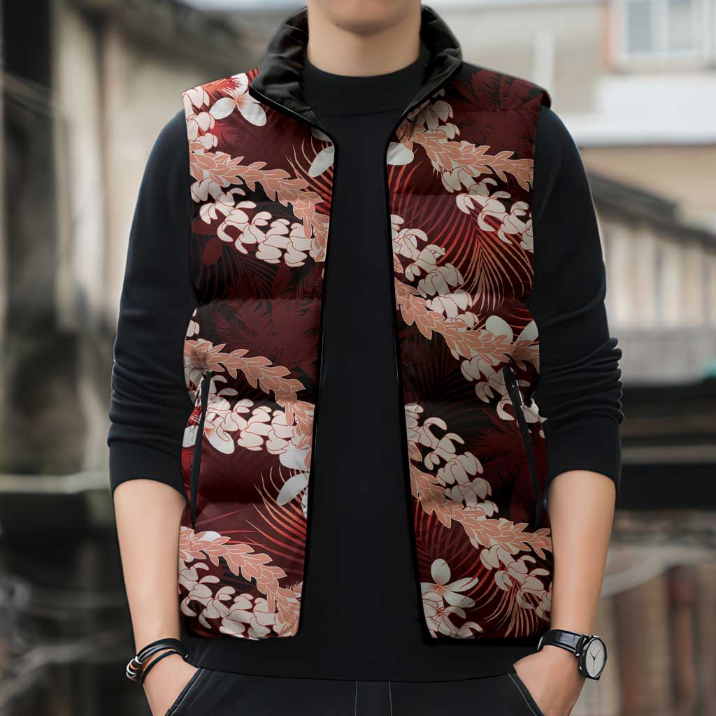 Puakenikeni Maile Lei Sleeveless Puffer Jacket Frangipani Red Tropical Leaves