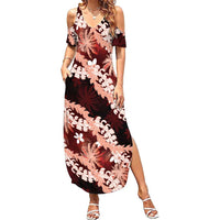 Puakenikeni Maile Lei Summer Maxi Dress Frangipani Red Tropical Leaves