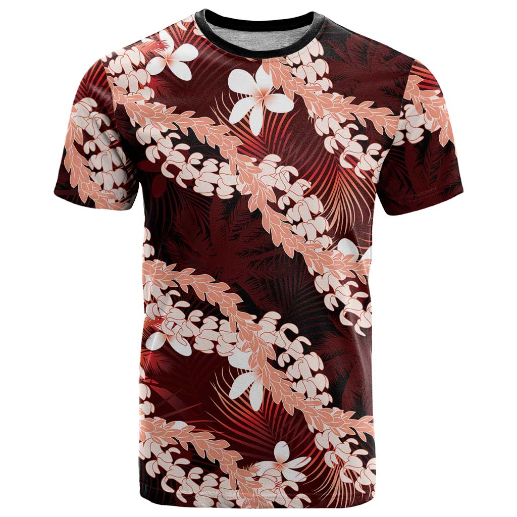 Puakenikeni Maile Lei T Shirt Frangipani Red Tropical Leaves