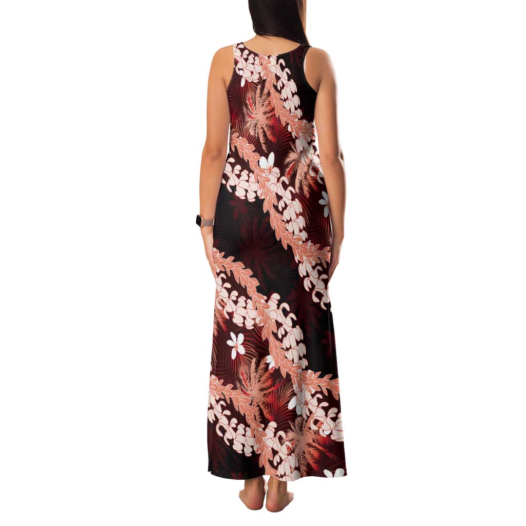 Puakenikeni Maile Lei Tank Maxi Dress Frangipani Red Tropical Leaves