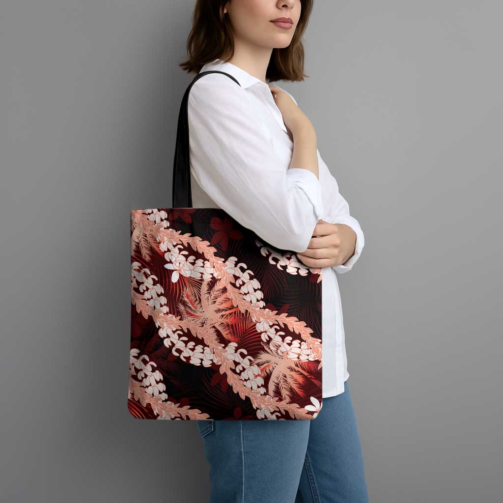 Puakenikeni Maile Lei Tote Bag Frangipani Red Tropical Leaves