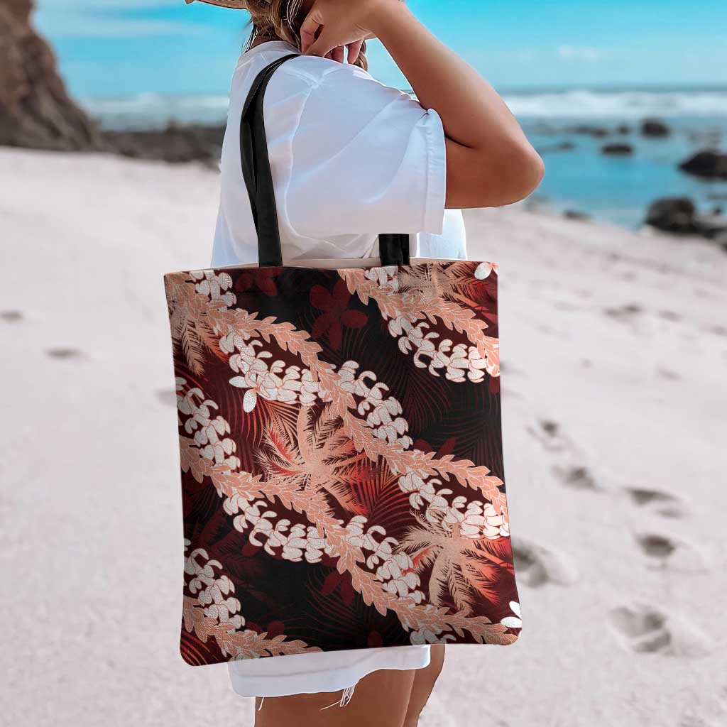 Puakenikeni Maile Lei Tote Bag Frangipani Red Tropical Leaves