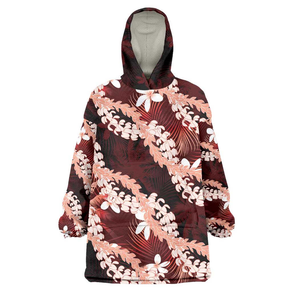 Puakenikeni Maile Lei Wearable Blanket Hoodie Frangipani Red Tropical Leaves