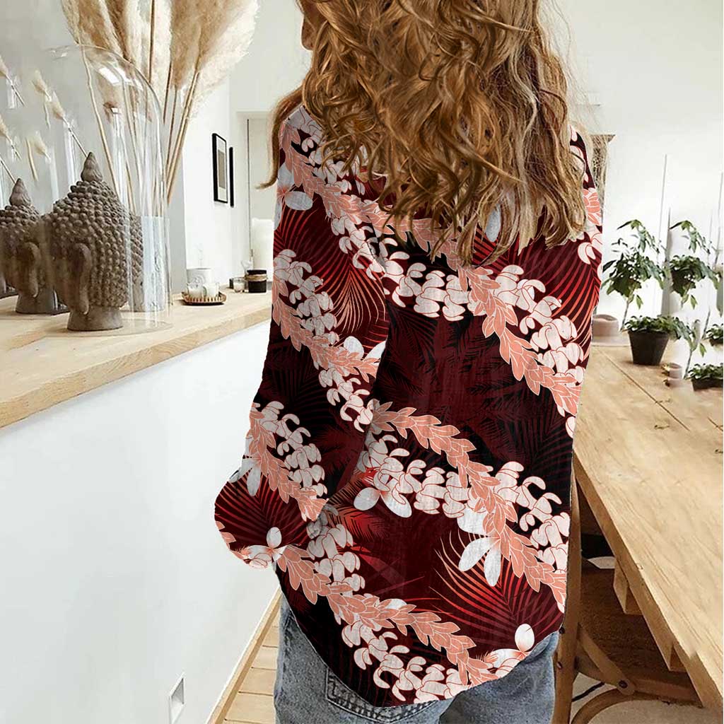 Puakenikeni Maile Lei Women Casual Shirt Frangipani Red Tropical Leaves LT01 - Polynesian Pride