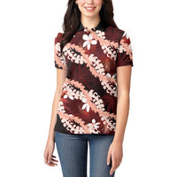 Puakenikeni Maile Lei Women Polo Shirt Frangipani Red Tropical Leaves LT01 - Polynesian Pride