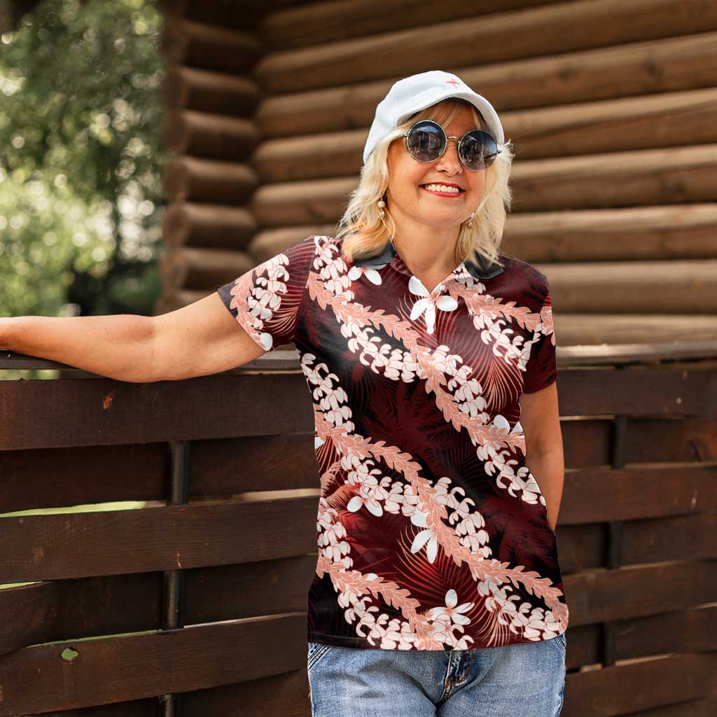 Puakenikeni Maile Lei Women Polo Shirt Frangipani Red Tropical Leaves LT01 - Polynesian Pride