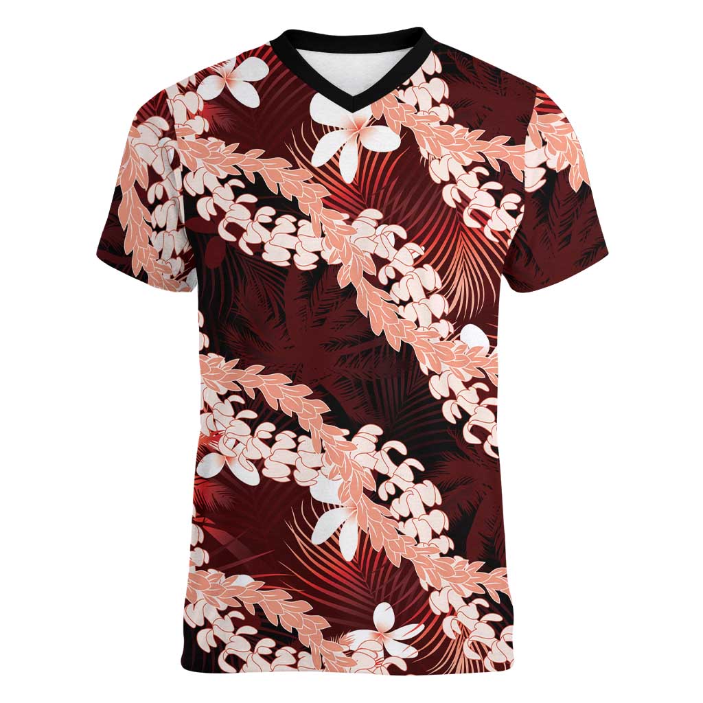 Puakenikeni Maile Lei Women V-Neck T-Shirt Frangipani Red Tropical Leaves LT01 Female Red - Polynesian Pride