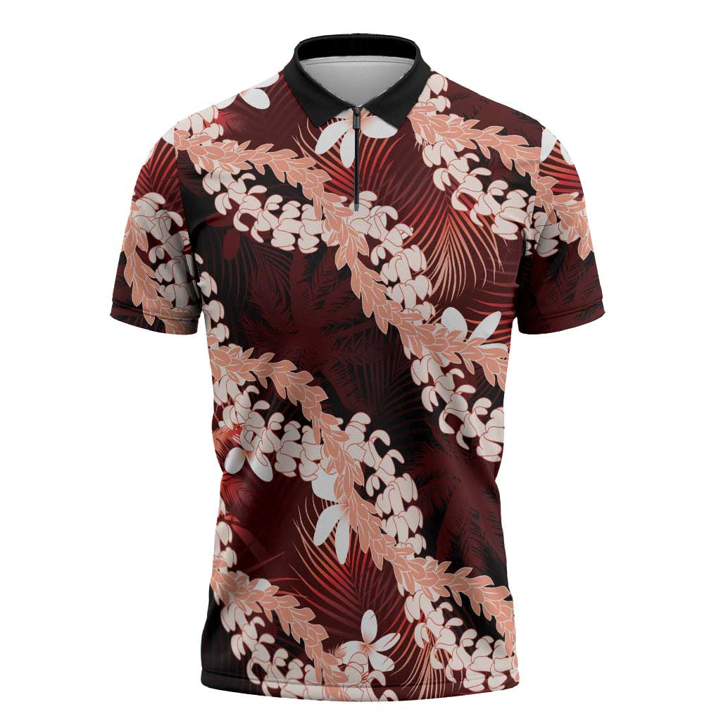 Puakenikeni Maile Lei Zipper Polo Shirt Frangipani Red Tropical Leaves LT01 Red - Polynesian Pride