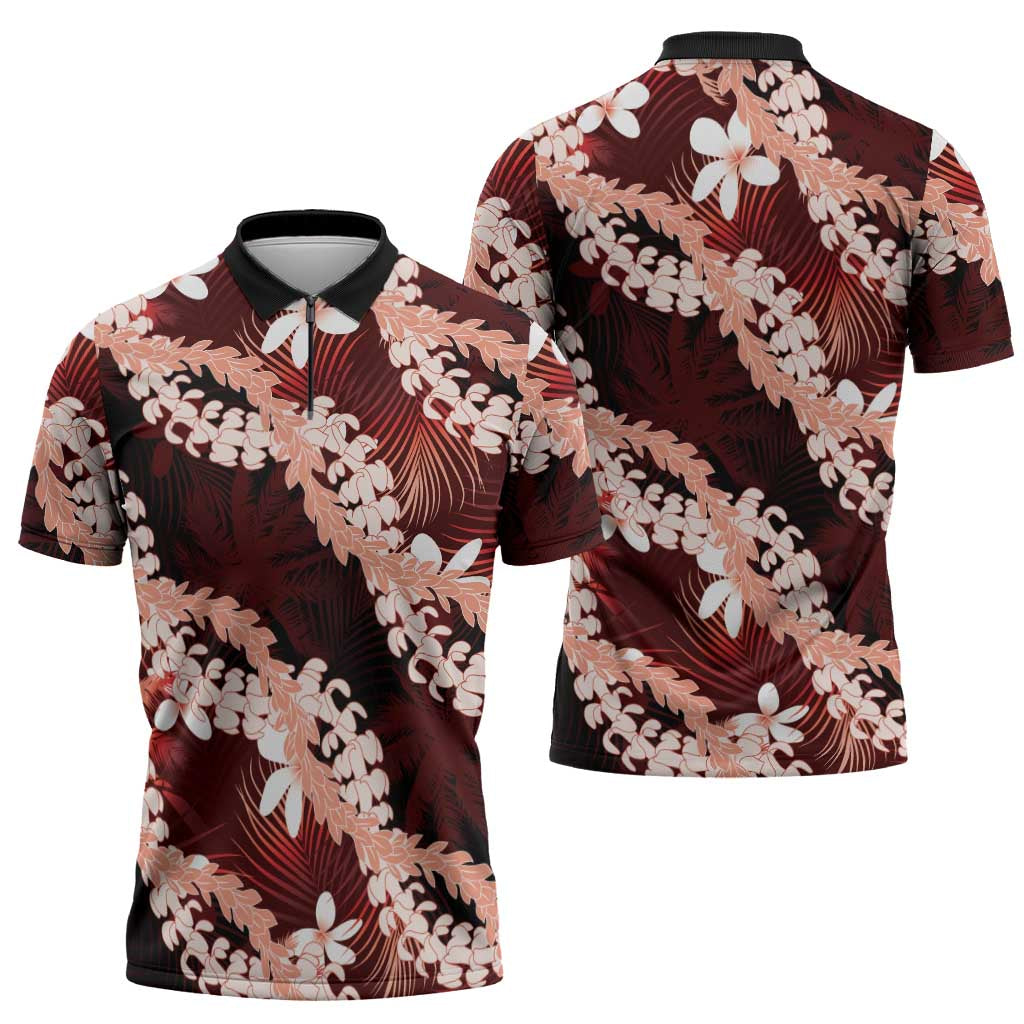 Puakenikeni Maile Lei Zipper Polo Shirt Frangipani Red Tropical Leaves LT01 - Polynesian Pride
