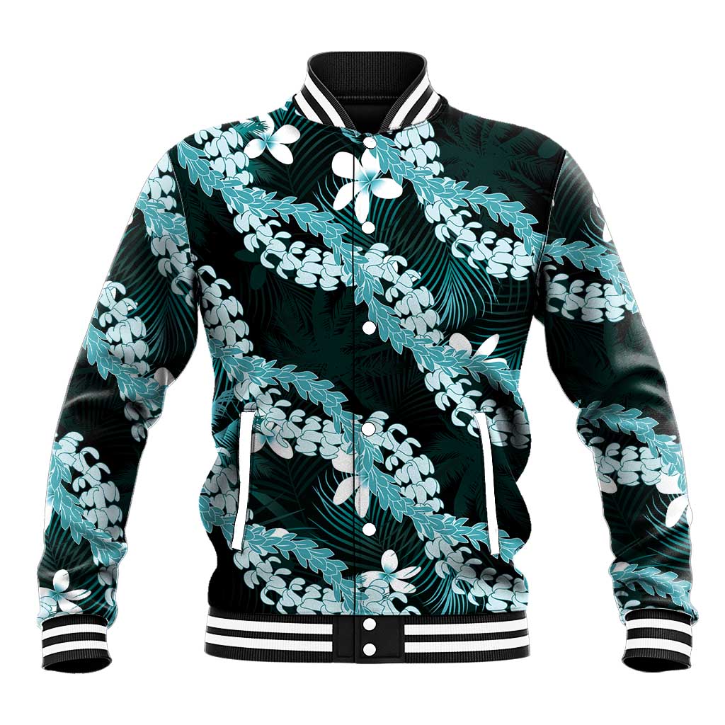 Puakenikeni Maile Lei Baseball Jacket Frangipani Turquoise Tropical Leaves
