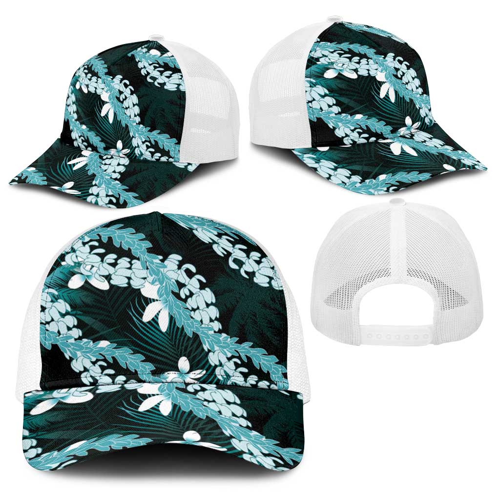 Puakenikeni Maile Lei Baseball Net Cap Frangipani Turquoise Tropical Leaves