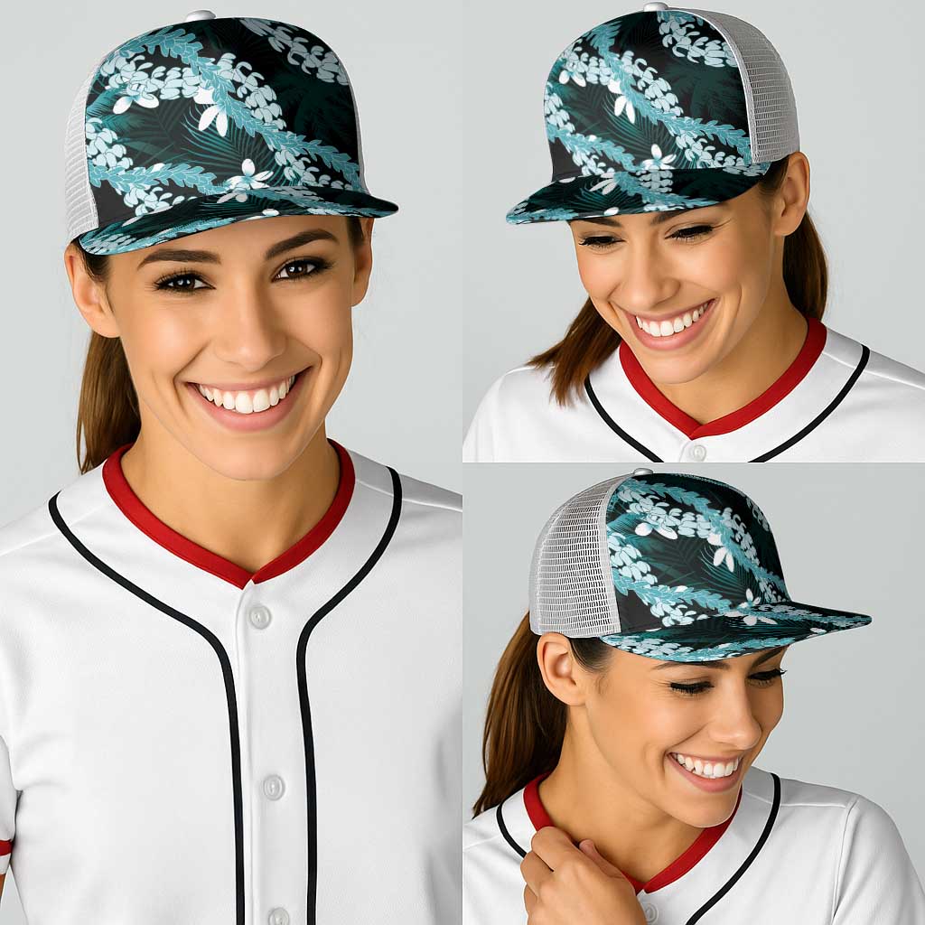 Puakenikeni Maile Lei Baseball Net Cap Frangipani Turquoise Tropical Leaves
