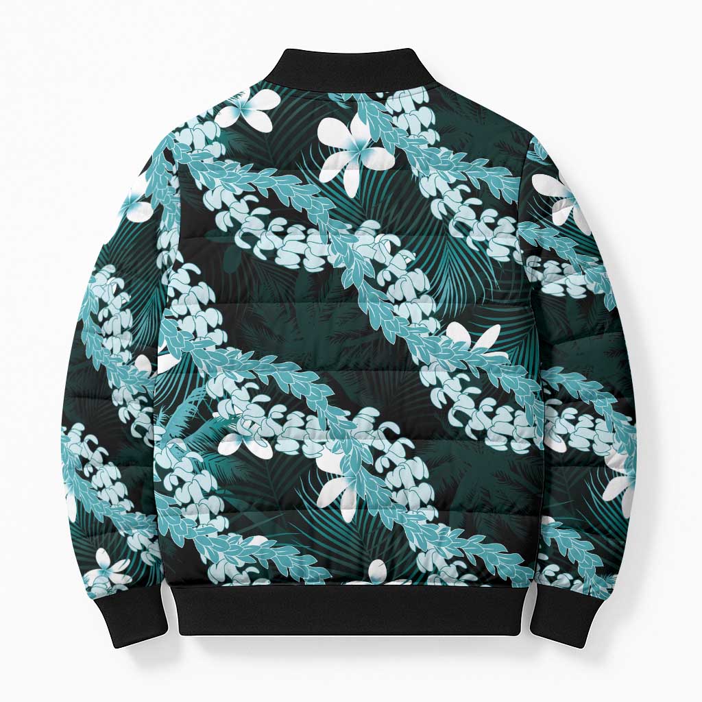 Puakenikeni Maile Lei Bomber Puffer Jacket Frangipani Turquoise Tropical Leaves