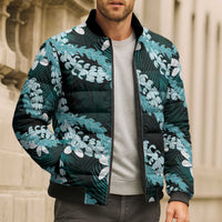 Puakenikeni Maile Lei Bomber Puffer Jacket Frangipani Turquoise Tropical Leaves