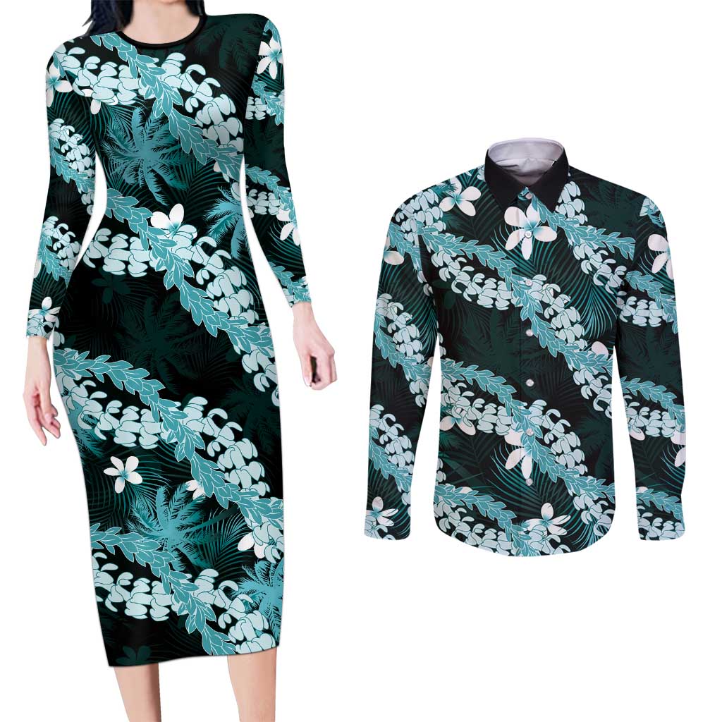 Puakenikeni Maile Lei Couples Matching Long Sleeve Bodycon Dress and Long Sleeve Button Shirt Frangipani Turquoise Tropical Leaves LT01 Turquoise - Polynesian Pride