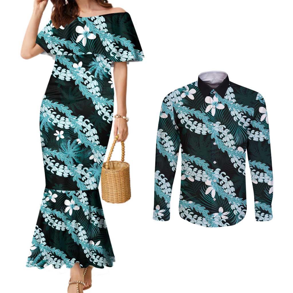 Puakenikeni Maile Lei Couples Matching Mermaid Dress and Long Sleeve Button Shirt Frangipani Turquoise Tropical Leaves LT01 Turquoise - Polynesian Pride