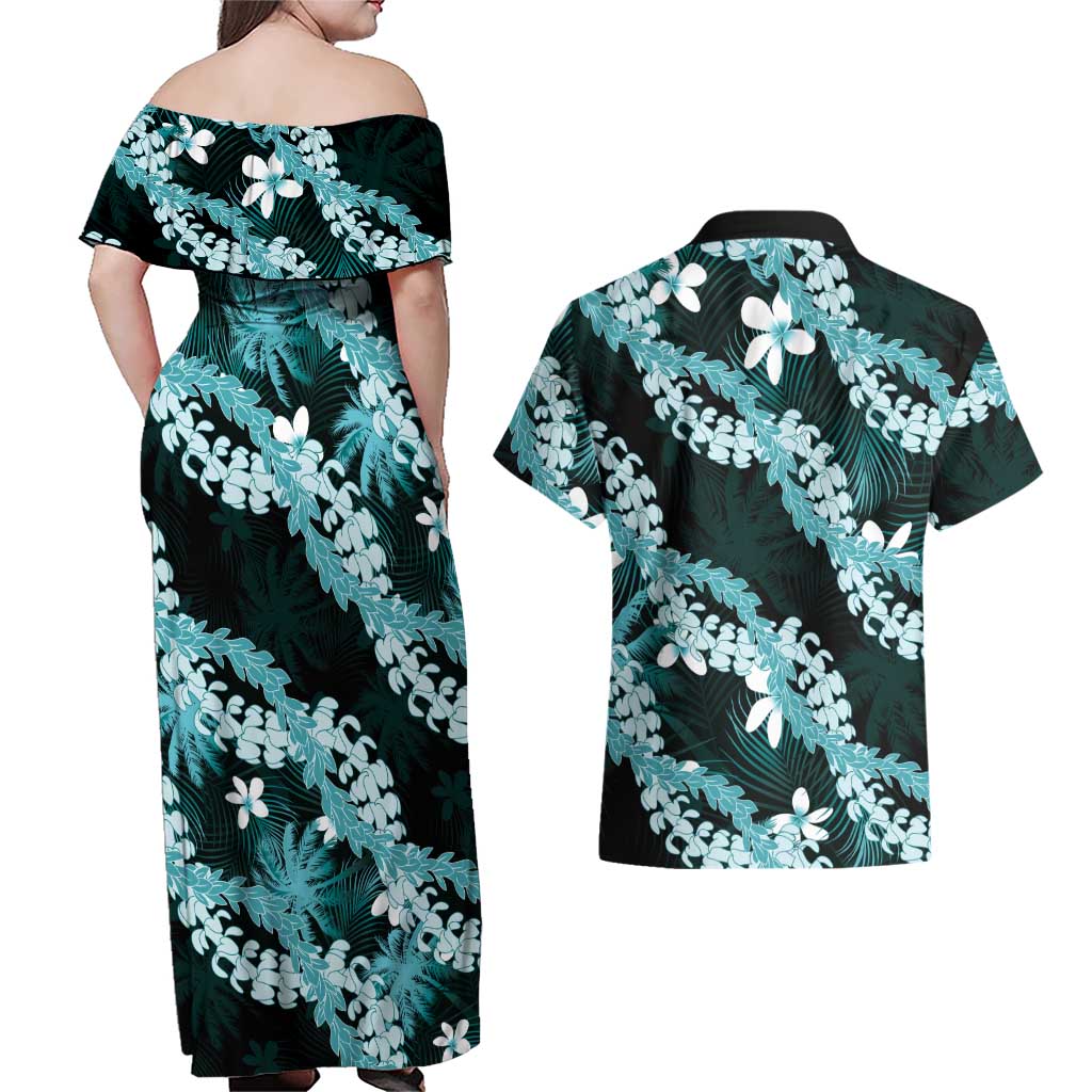 Puakenikeni Maile Lei Couples Matching Off Shoulder Maxi Dress and Hawaiian Shirt Frangipani Turquoise Tropical Leaves LT01 - Polynesian Pride