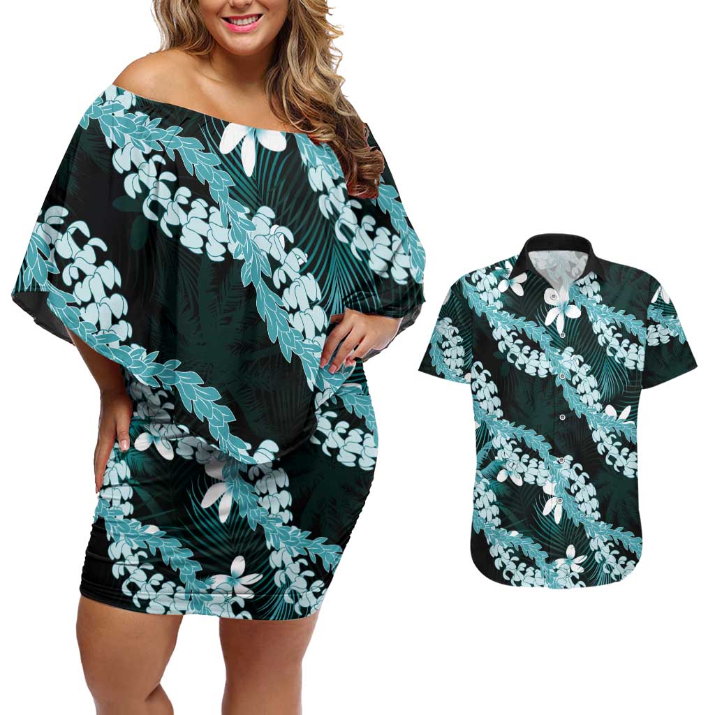 Puakenikeni Maile Lei Couples Matching Off Shoulder Short Dress and Hawaiian Shirt Frangipani Turquoise Tropical Leaves LT01 Turquoise - Polynesian Pride