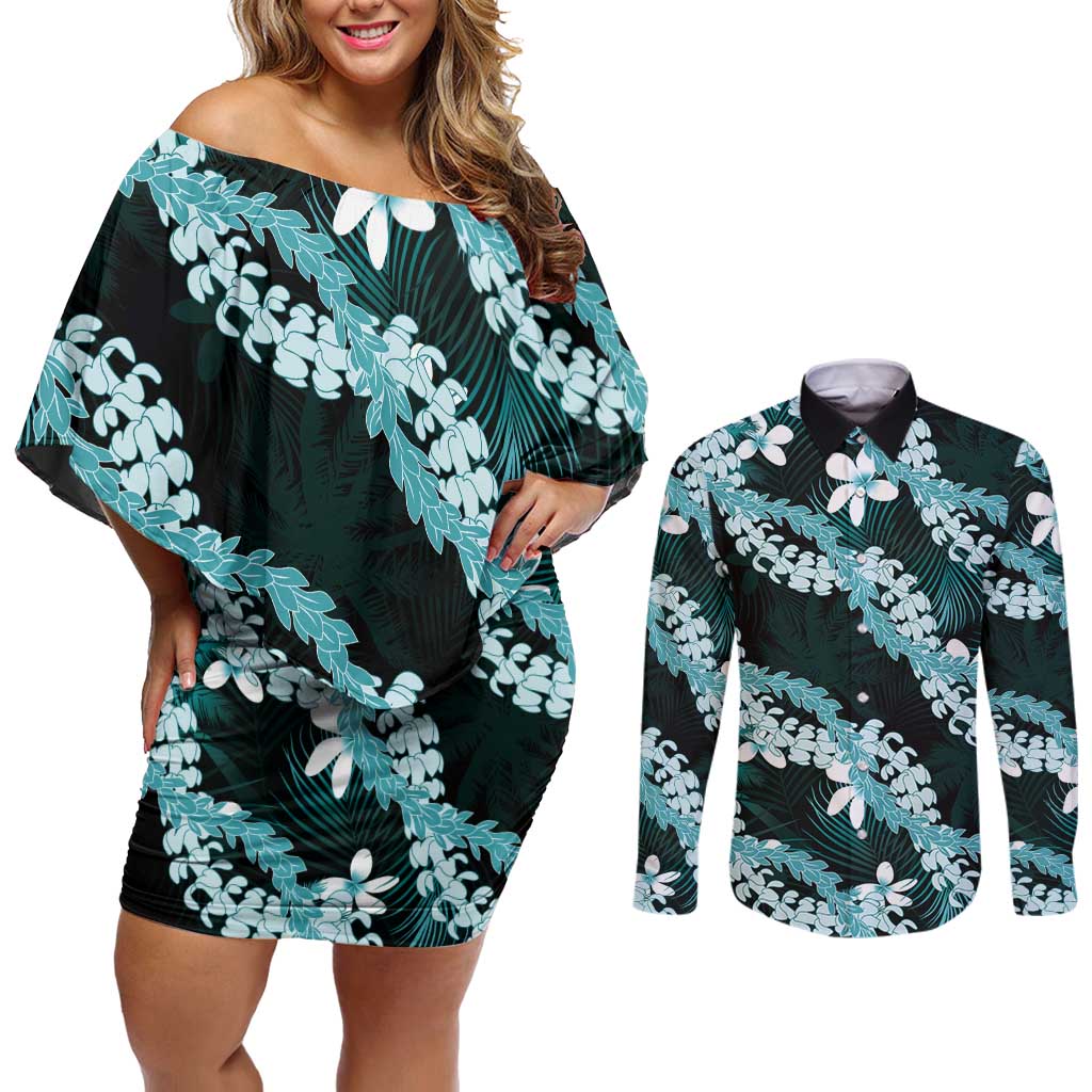 Puakenikeni Maile Lei Couples Matching Off Shoulder Short Dress and Long Sleeve Button Shirt Frangipani Turquoise Tropical Leaves LT01 Turquoise - Polynesian Pride