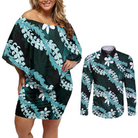 Puakenikeni Maile Lei Couples Matching Off Shoulder Short Dress and Long Sleeve Button Shirt Frangipani Turquoise Tropical Leaves LT01 Turquoise - Polynesian Pride