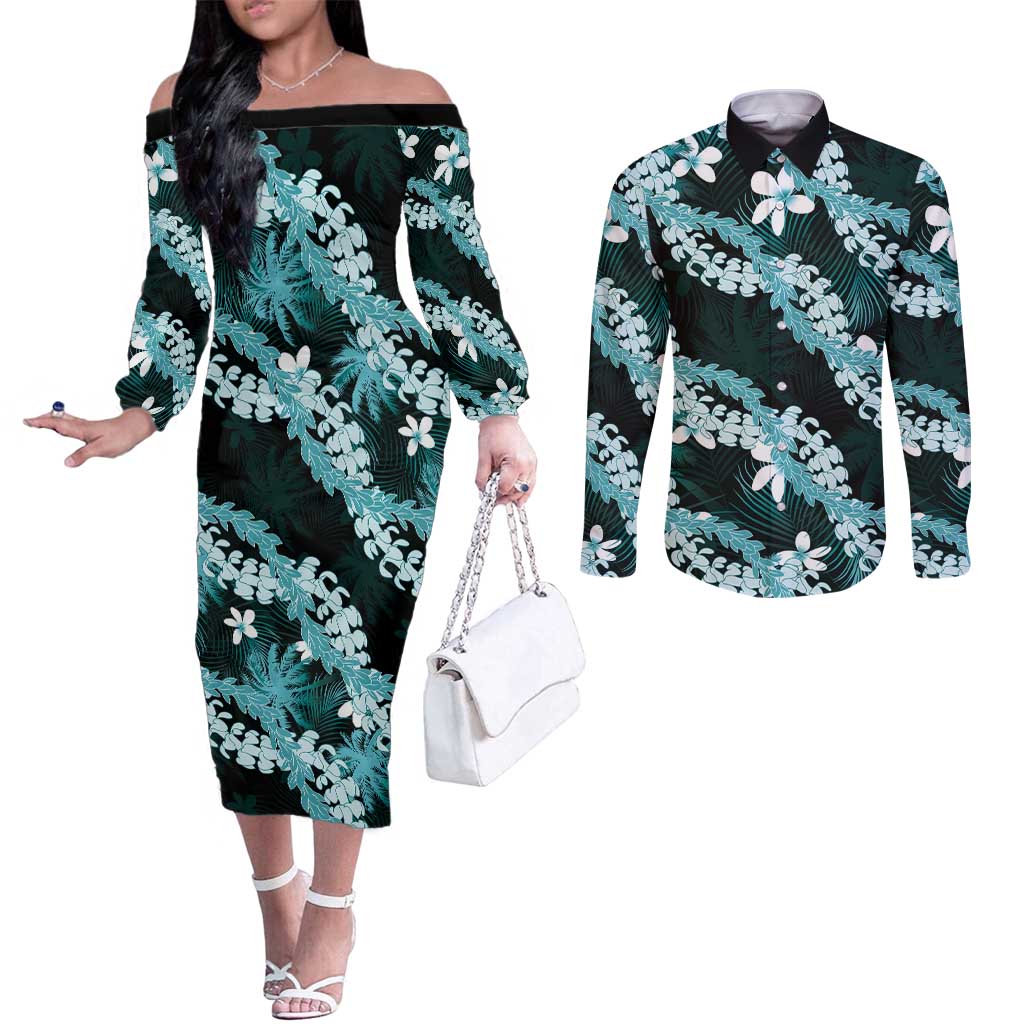 Puakenikeni Maile Lei Couples Matching Off The Shoulder Long Sleeve Dress and Long Sleeve Button Shirt Frangipani Turquoise Tropical Leaves LT01 Turquoise - Polynesian Pride