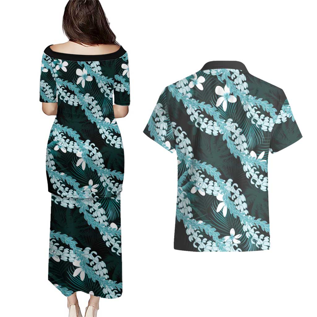 Puakenikeni Maile Lei Couples Matching Puletasi and Hawaiian Shirt Frangipani Turquoise Tropical Leaves LT01 - Polynesian Pride