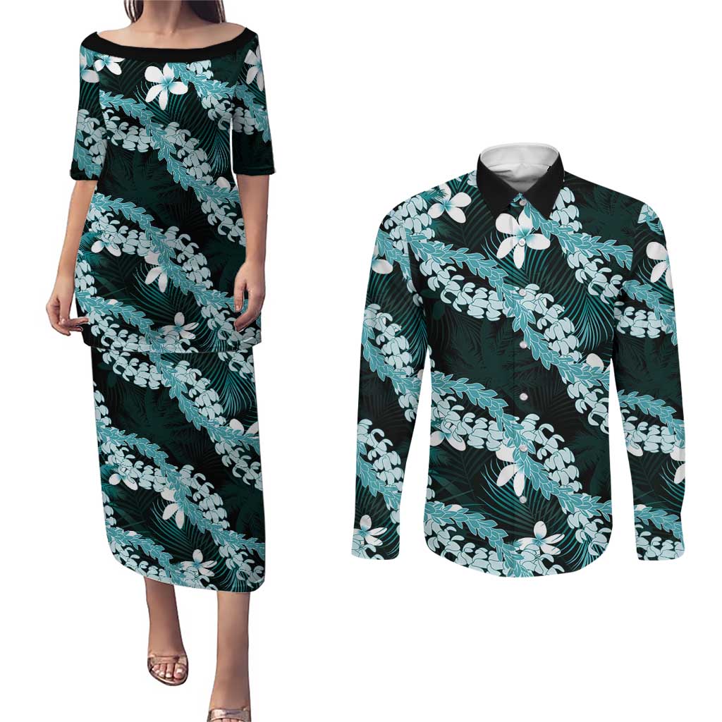 Puakenikeni Maile Lei Couples Matching Puletasi and Long Sleeve Button Shirt Frangipani Turquoise Tropical Leaves LT01 Turquoise - Polynesian Pride