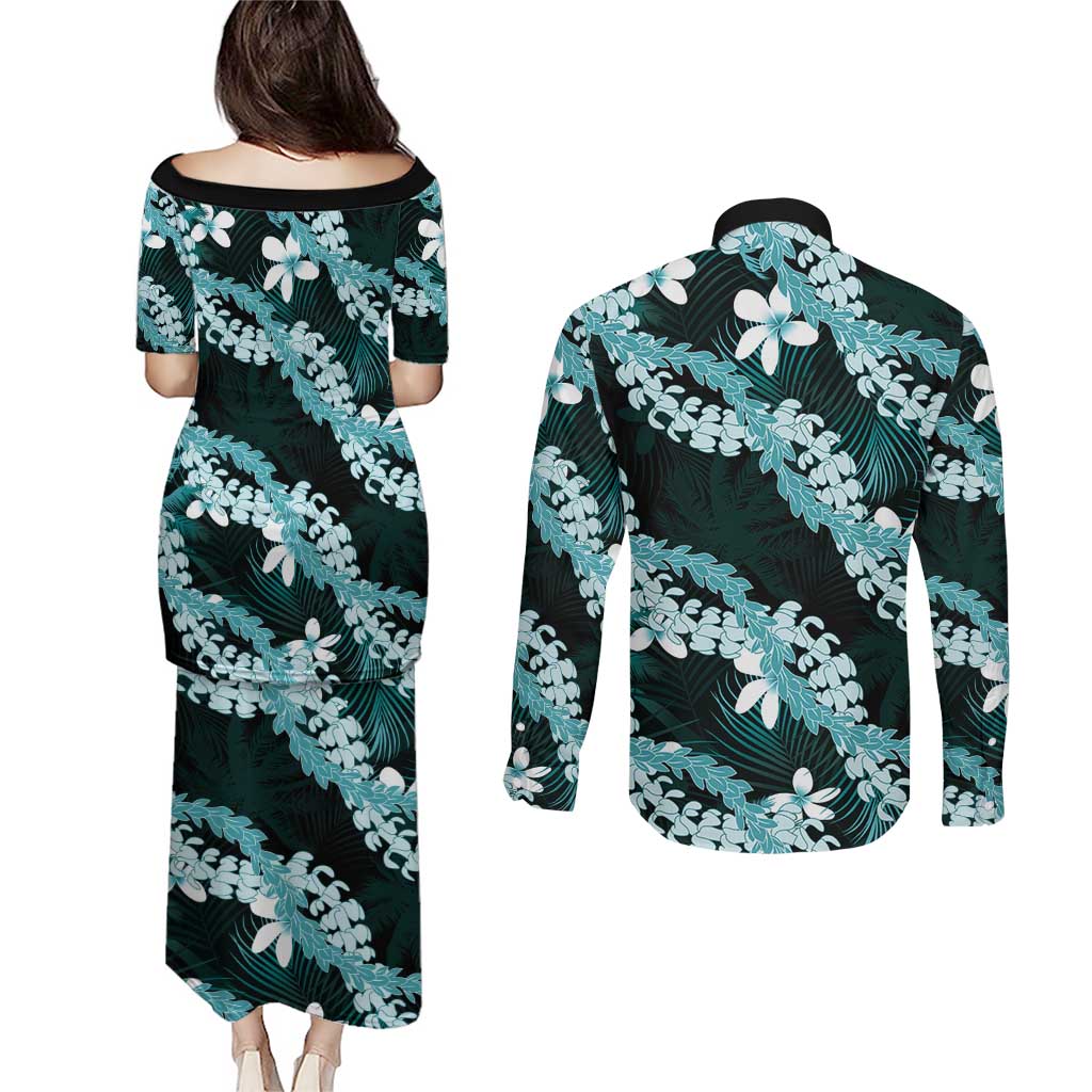 Puakenikeni Maile Lei Couples Matching Puletasi and Long Sleeve Button Shirt Frangipani Turquoise Tropical Leaves LT01 - Polynesian Pride