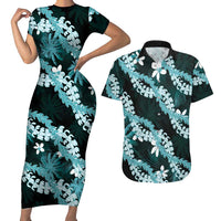 Puakenikeni Maile Lei Couples Matching Short Sleeve Bodycon Dress and Hawaiian Shirt Frangipani Turquoise Tropical Leaves LT01 Turquoise - Polynesian Pride