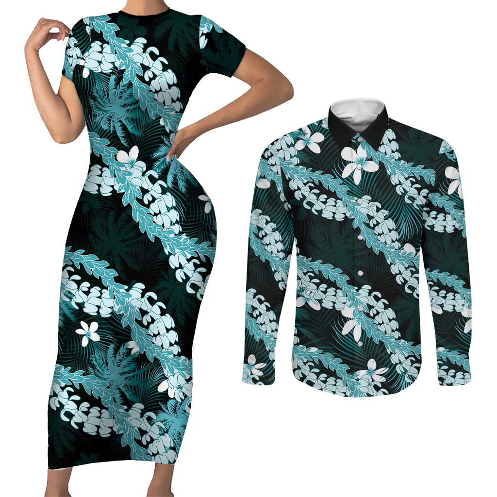 Puakenikeni Maile Lei Couples Matching Short Sleeve Bodycon Dress and Long Sleeve Button Shirt Frangipani Turquoise Tropical Leaves LT01 Turquoise - Polynesian Pride
