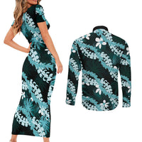Puakenikeni Maile Lei Couples Matching Short Sleeve Bodycon Dress and Long Sleeve Button Shirt Frangipani Turquoise Tropical Leaves LT01 - Polynesian Pride
