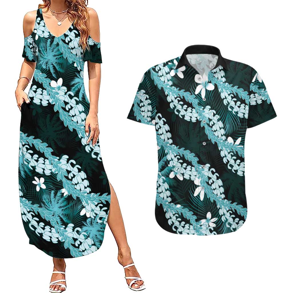 Puakenikeni Maile Lei Couples Matching Summer Maxi Dress and Hawaiian Shirt Frangipani Turquoise Tropical Leaves LT01 Turquoise - Polynesian Pride