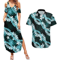 Puakenikeni Maile Lei Couples Matching Summer Maxi Dress and Hawaiian Shirt Frangipani Turquoise Tropical Leaves LT01 Turquoise - Polynesian Pride
