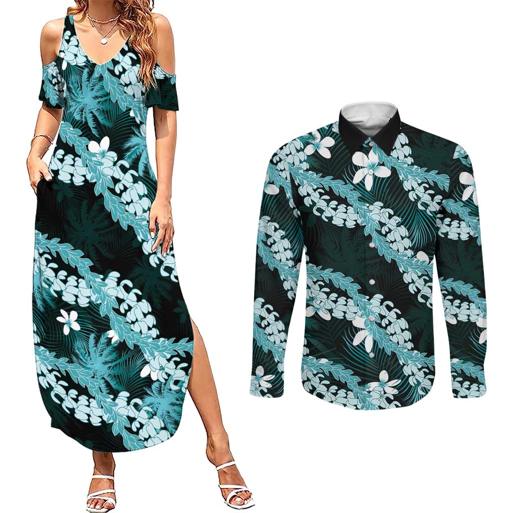 Puakenikeni Maile Lei Couples Matching Summer Maxi Dress and Long Sleeve Button Shirt Frangipani Turquoise Tropical Leaves LT01 Turquoise - Polynesian Pride