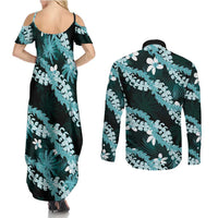Puakenikeni Maile Lei Couples Matching Summer Maxi Dress and Long Sleeve Button Shirt Frangipani Turquoise Tropical Leaves LT01 - Polynesian Pride