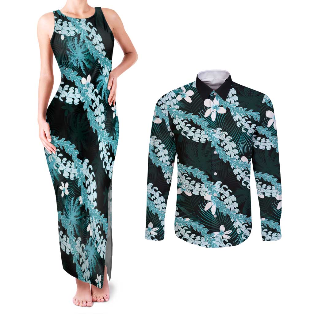 Puakenikeni Maile Lei Couples Matching Tank Maxi Dress and Long Sleeve Button Shirt Frangipani Turquoise Tropical Leaves LT01 Turquoise - Polynesian Pride