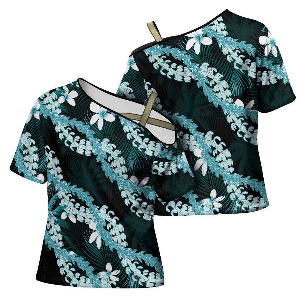 Puakenikeni Maile Lei Cross Shoulder Shirt Frangipani Turquoise Tropical Leaves