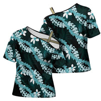 Puakenikeni Maile Lei Cross Shoulder Shirt Frangipani Turquoise Tropical Leaves