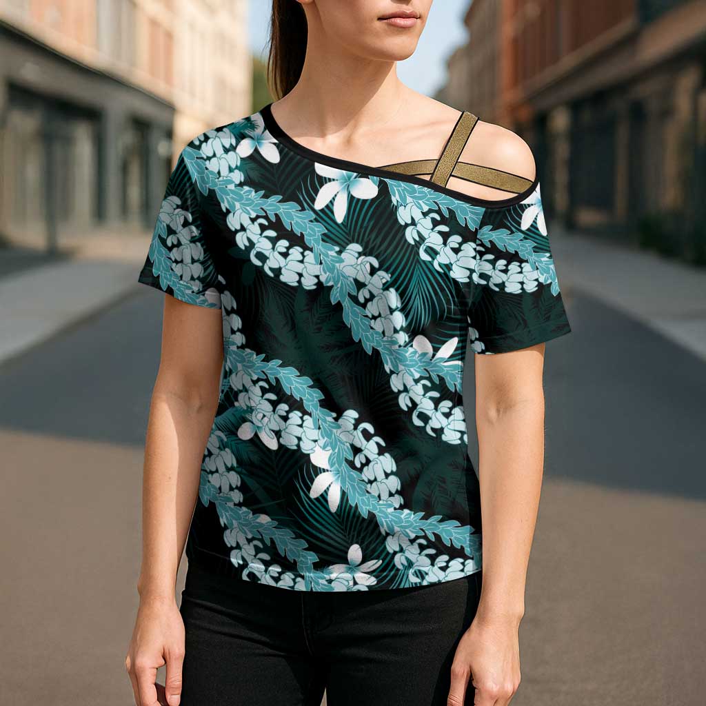 Puakenikeni Maile Lei Cross Shoulder Shirt Frangipani Turquoise Tropical Leaves