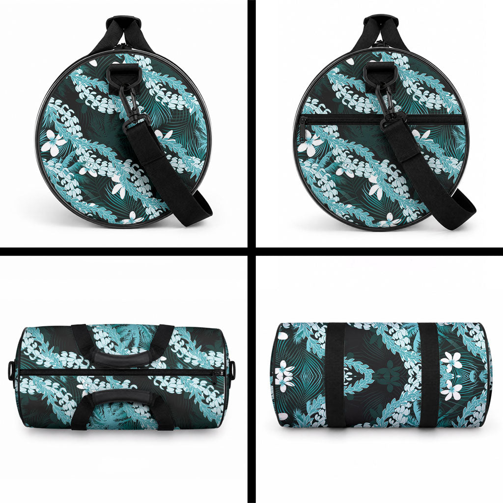 Puakenikeni Maile Lei Duffle Bag Frangipani Turquoise Tropical Leaves