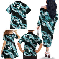 Puakenikeni Maile Lei Family Matching Off The Shoulder Long Sleeve Dress and Hawaiian Shirt Frangipani Turquoise Tropical Leaves LT01 - Polynesian Pride