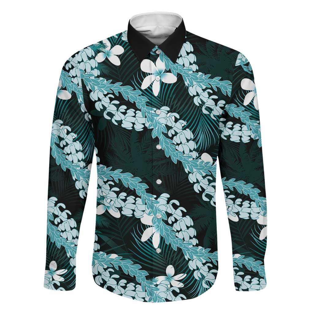Puakenikeni Maile Lei Family Matching Off The Shoulder Long Sleeve Dress and Hawaiian Shirt Frangipani Turquoise Tropical Leaves LT01 Dad's Shirt - Long Sleeve Turquoise - Polynesian Pride