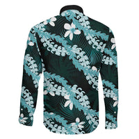 Puakenikeni Maile Lei Family Matching Off The Shoulder Long Sleeve Dress and Hawaiian Shirt Frangipani Turquoise Tropical Leaves LT01 - Polynesian Pride