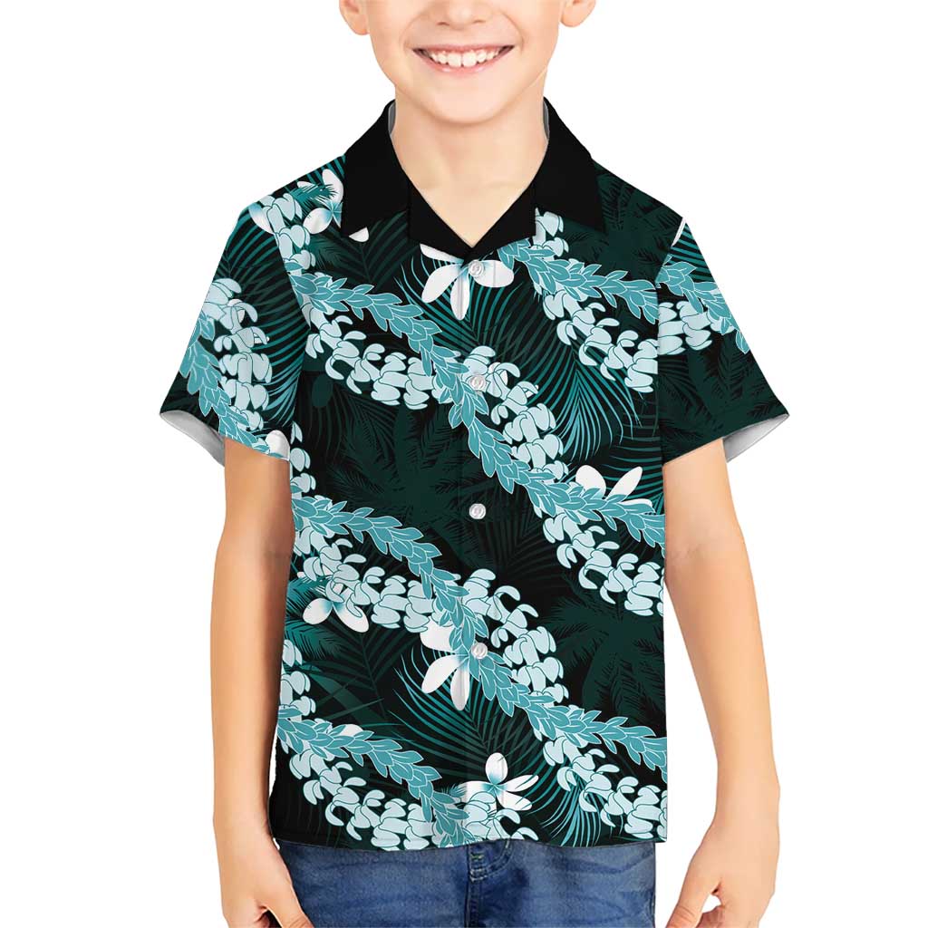 Puakenikeni Maile Lei Family Matching Off Shoulder Maxi Dress and Hawaiian Shirt Frangipani Turquoise Tropical Leaves LT01 Son's Shirt Turquoise - Polynesian Pride